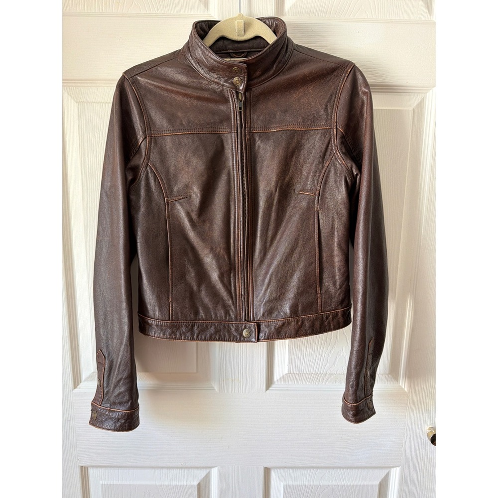 American Eagle Leather Jacket Women Small Brown Distressed Moto Biker Vintage